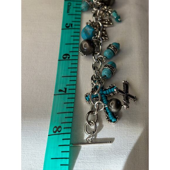 Silver Cross and Turquoise Charm Bracelet Southwest Chunky Western NWT - Picture 3 of 9